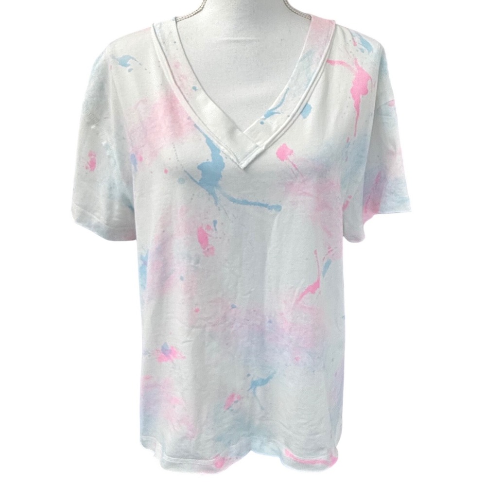 White Birch T-Shirt Womens Small White Pink Blue Splatter V-Neck High-Low Hem
